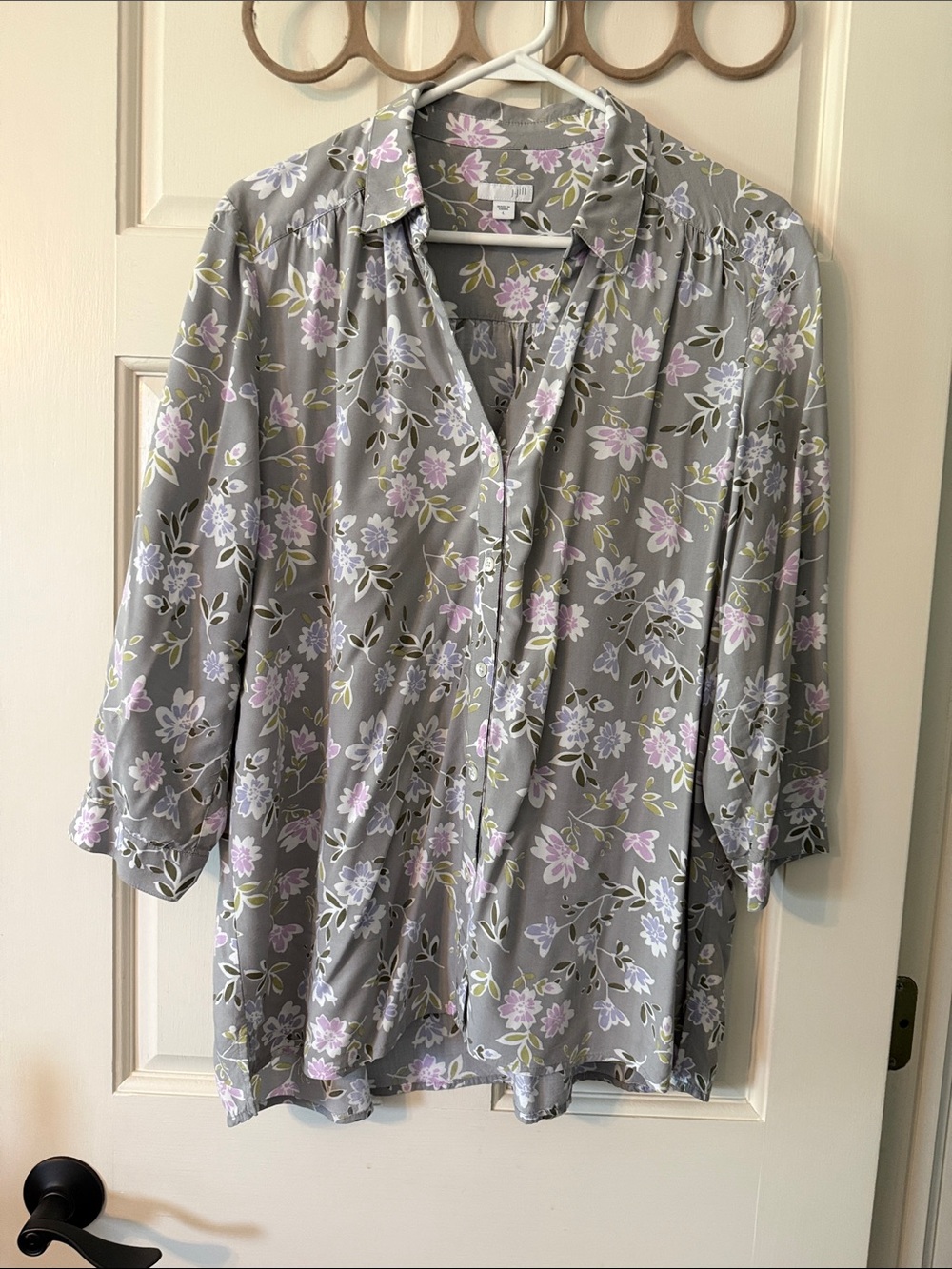 J. Jill Gray Floral Button-Front Blouse with Lavender Accents